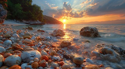 Wall Mural - Sunlit Beach at Sunset with Pebbles and Calm Waves