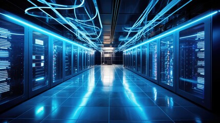 Photograph of a server room bathed in an ethereal blue light, with data cables snaking across the walls and ceiling like glowing neon serpents