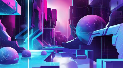 Poster - 3D illustration of futuristic cityscape with blue and purple spheres and glowing lights.