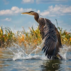 Sticker - AI generated illustration of a heron taking flight from a water body with splashes and reeds