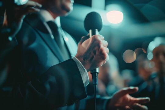 Man in suit holding microphone addressing crowd during business conference event with close up view
