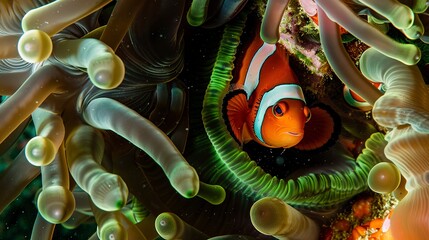 Macro of a clownfish nestled in an anemone, the contrast of orange against green, serene and secure. 