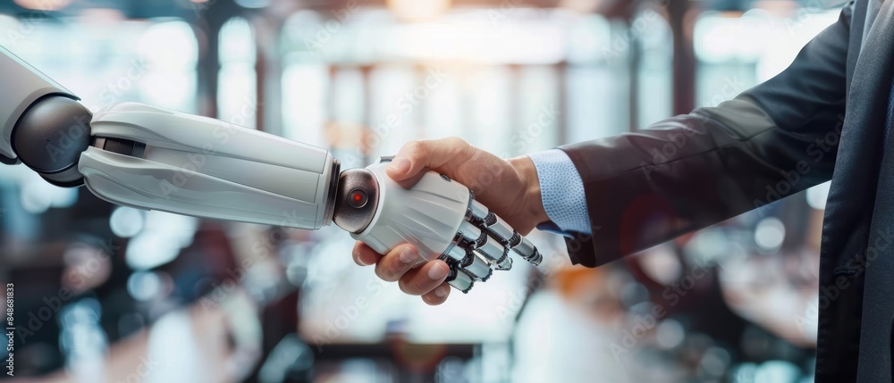Business partnership with a handshake, human and robot collaborating in ...