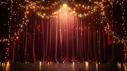 Wall Mural - a festive theater stage with maroon curtains adorned with twinkling fairy lights, with a warm spotli