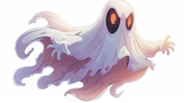 A cartoon ghost with a spooky face on a transparent background 