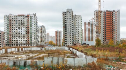 urban construction site, multiple buildings in various stages of completion, concrete structures dom