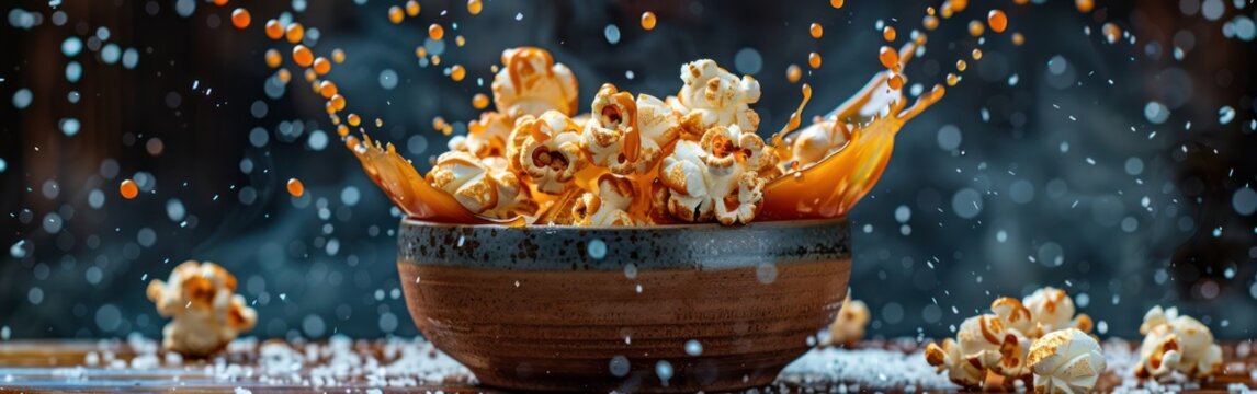 Savory Delight: Dark Food Photography of Square Popcorn in a Bowl with Salted Caramel Splashing on Table Background
