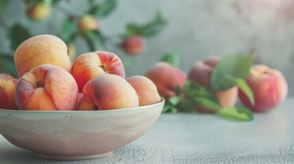 Sticker - Close up image of a bowl of juicy ripe doughnut peaches on a light table