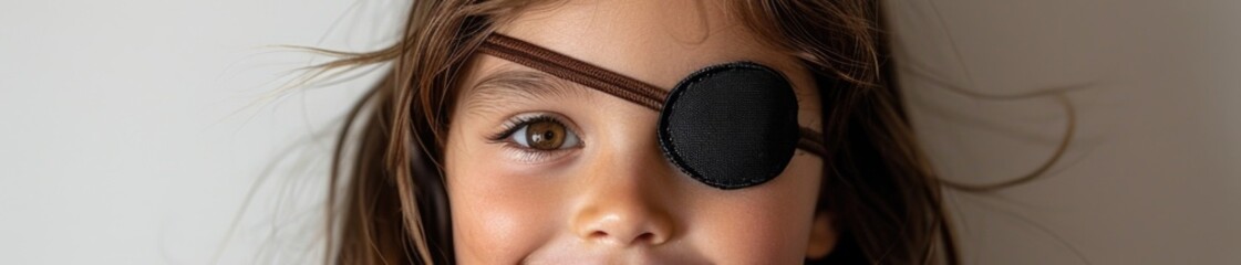 cute smiling girl with an adjustable medical black patch on one eye to restore and rest the eye afte