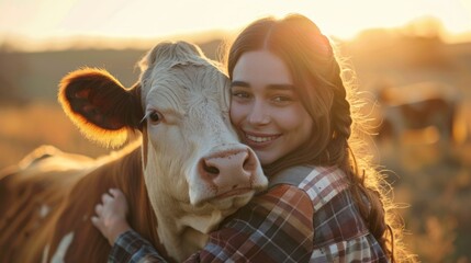 Girl hugging cow in field