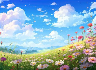 Sticker - Flowers in field with clouds