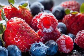 Wall Mural - Close-up view of an icy mix of strawberries, raspberries, and blueberries, capturing the frost and vibrant hues in stunning detail.