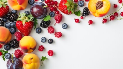 Wall Mural - Fruits and berries isolated on white background. Ripe currants, strawberries, blackberries, blueberries, raspberries, peaches and plums. Fruits at border of image with copy space for text. Top view