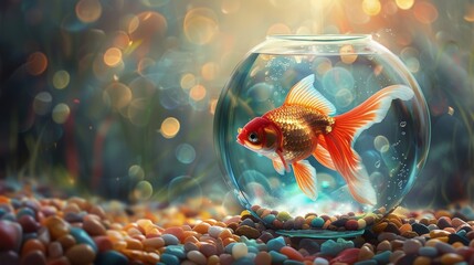 Wall Mural - An imaginative illustration of a goldfish swimming in a bowl adorned with colorful pebbles.