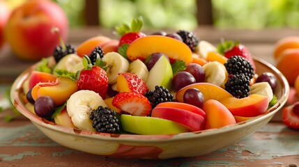 Wall Mural - healthy mixed fruit salad (Blackberry, banana, peach, nectarine, strawberry, apple, apricot, grape, min) on a crockery bowl, a heap of summer fruits concept, healthy vitamins. organic.