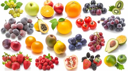 Wall Mural - Large healthy fresh fruit selection over white background. High in antioxidants, vitamins, anthocyanins and dietary fiber.