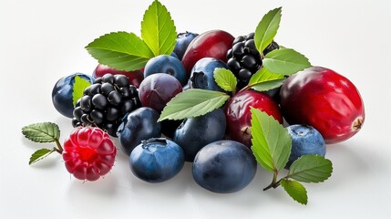 Wall Mural - mix of blueberry, blackberry, cranberry, raspberry with leaves isolated on white background. clipping path