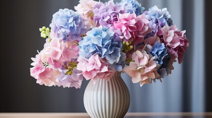 Poster - Pink and blue hydrangeas in vase near window