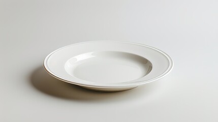 Pristine white dinner plate, isolated on a white background, captured with studio lighting, showcasing its sleek design and smooth surface