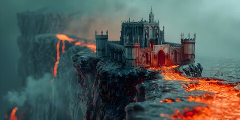 Fantasy game featuring Devils castle on volcanic mount with lava moat. Concept Fantasy, Game, Devil's Castle, Volcanic Mount, Lava Moat