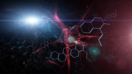 Poster - abstract chemical bonds and nerve cell motion on dark animation background.