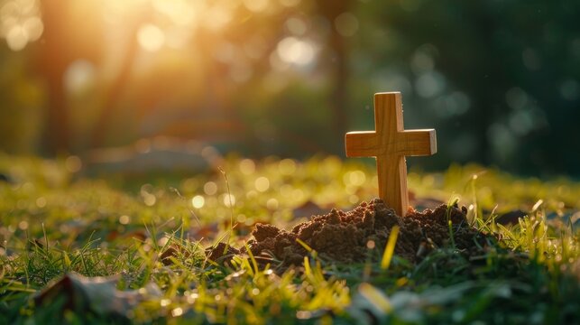 Praying wooden cross on a grassy hill, soil at its base, illuminated by the golden hour light, evoking the sacrifice of Jesus Christ