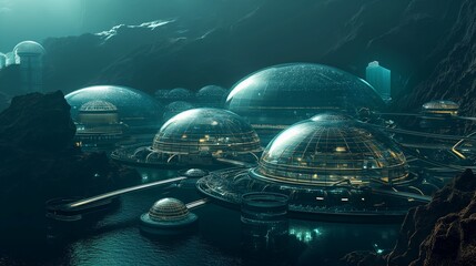 Wall Mural - A futuristic underwater city with transparent domes and luminous architecture, set in the depths of an infinite ocean. 32k, full ultra hd, high resolution