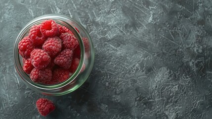Wall Mural - Raspberry in glass jar placed on a gray surface Overhead view with empty space Food themed backdrop