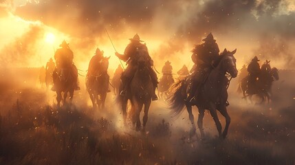 Charging Cavalry Horses in Cinematic Epic Battlefield Scene