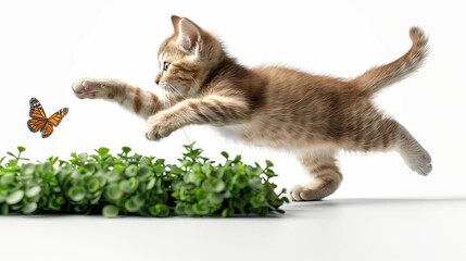 Wall Mural - kitten playing with a butterfly on a white background