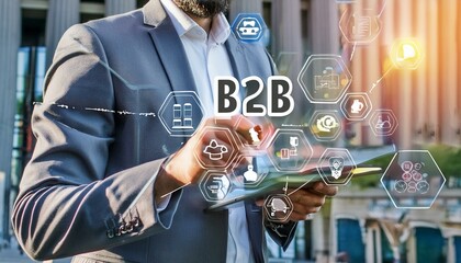 Wall Mural - B2B Solutions, Enterprise Partnerships, Businessman Uses Tablet and Digital Networking Interface on B2B Commerce Icon. Efficiency, Growths