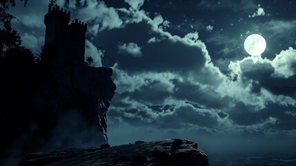 Silhouette of an ancient castle perched on a cliff, bathed in moonlight with clouds drifting past, creating a mysterious and enchanting atmosphere, 32k, full ultra hd, high resolution
