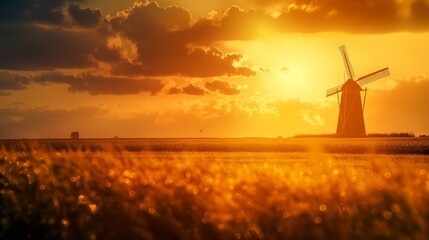 Wall Mural - Silhouette of a windmill standing tall in an open field, with a glowing sunset behind it and fields of golden wheat gently swaying in the breeze, 32k, full ultra hd, high resolution