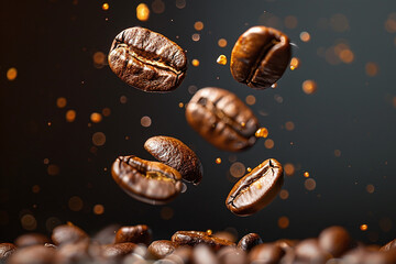 Coffee beans in flight on a dark background. Roasted coffee beans in dynamic motion, levitating gracefully on a sleek black background