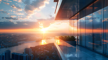 3d render of morning view to perspective glass building