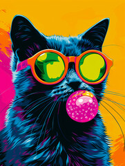 A black cat with sunglasses and a bubble gum.