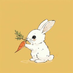 Minimalist Doodle of a Rabbit Silhouette Eating a Carrot on a Pastel Yellow Background  Simple Stylized Art Graphic Design