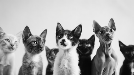 Wall Mural - Black and white photo of a group of cats.