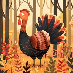 Colorful flat of a playful turkey gobbler set in a cozy autumn woodland background perfect for Thanksgiving holiday decor greeting cards children s book and website design