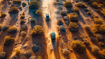 Wall Mural - Aerial view of two cars driving on a dirt road.