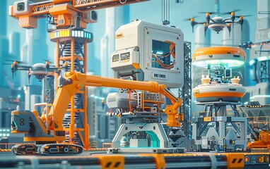 Futuristic industrial robotic machinery in an advanced manufacturing facility, showcasing automation and technology in a modern factory setting.
