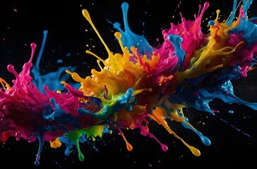 A fluorescent ink splashes on a black background, with bright, vivid colors and intricate splash patterns a Generative AI image.
