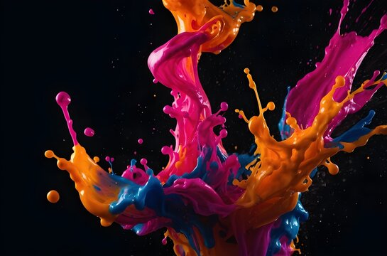 A fluorescent ink splashes on a black background, with bright, vivid colors and intricate splash patterns a Generative AI image.
