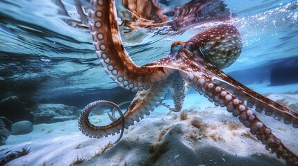 Poster - Close-up of an octopus jetting through the water, dynamic motion captured in clear, blue surroundings. 