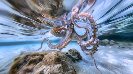 Poster - Close-up of an octopus jetting through the water, dynamic motion captured in clear, blue surroundings.