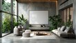 © thekob5123 - Blank TV screen in a modern living room, with comfortable seating and stylish decor, offering significant space for text or video mockups