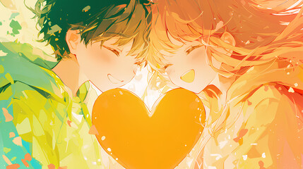 Sticker - boy and girl holding heart icon love each other, anime style