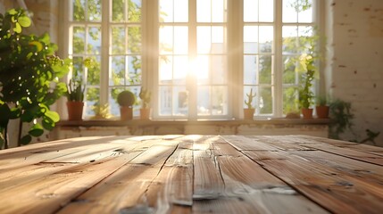 Sticker - Bright Airy Room with Natural Light and Minimal Wooden Table for Product Display