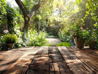 Wall Mural - rustic wooden table in sunny outdoor patio surrounded by lush greenery and flowers empty for product