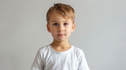 Wall Mural - Little boy in white t shirt on white background for design closeup